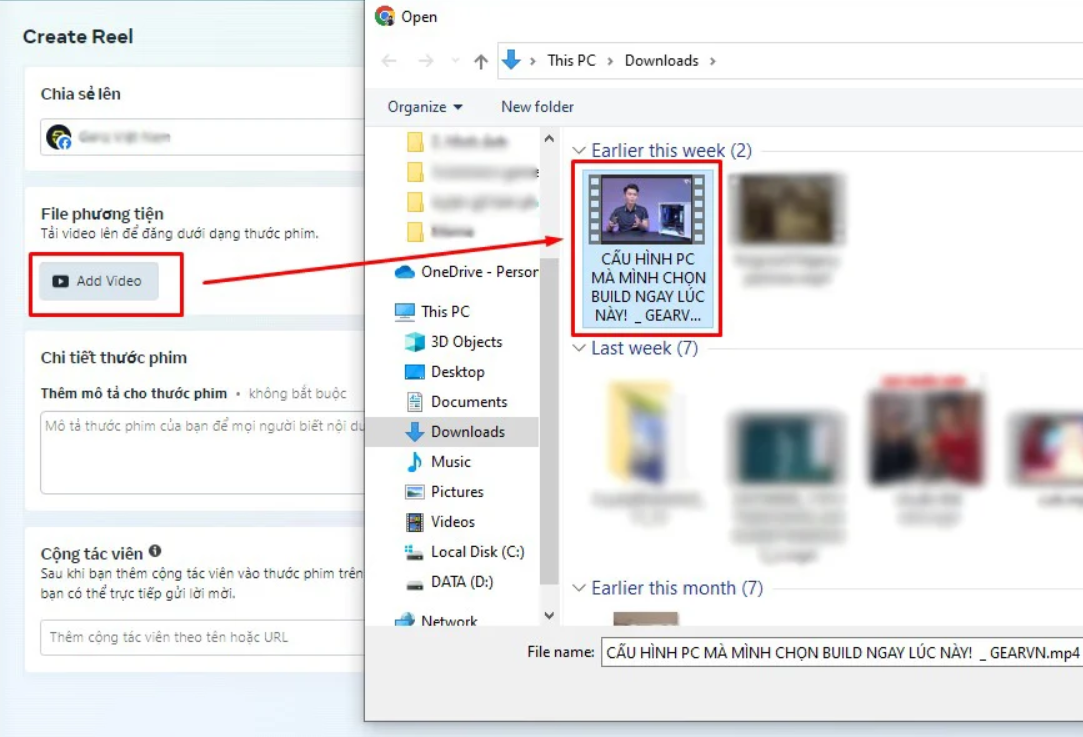 tải video reel lên facebook