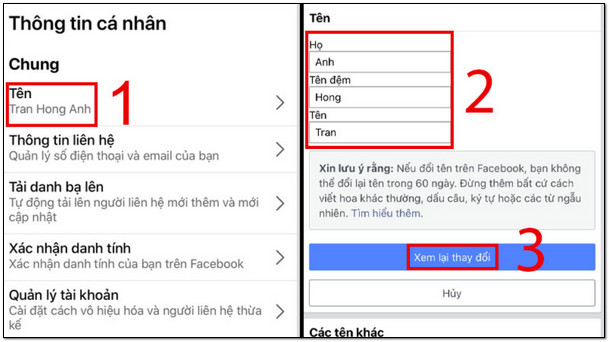 Chỉnh sửa tên facebook muốn đặt mới