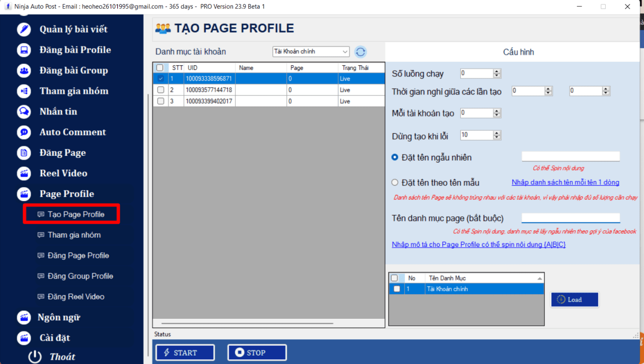 Tạo danh mục menu của phần mềm chọn Page Profile